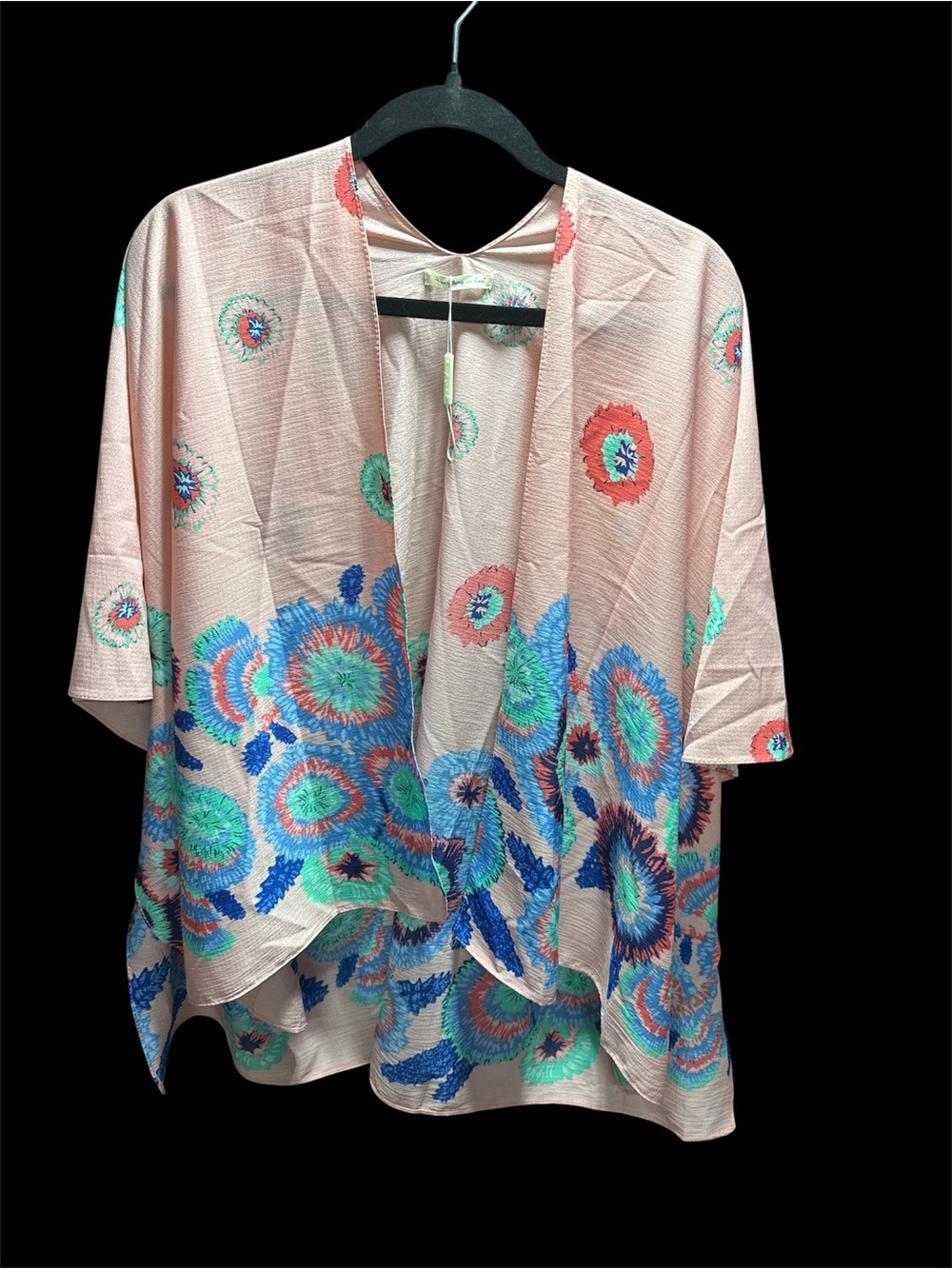 Pink kimono NWT blue, teal, and red circular floral print, one size